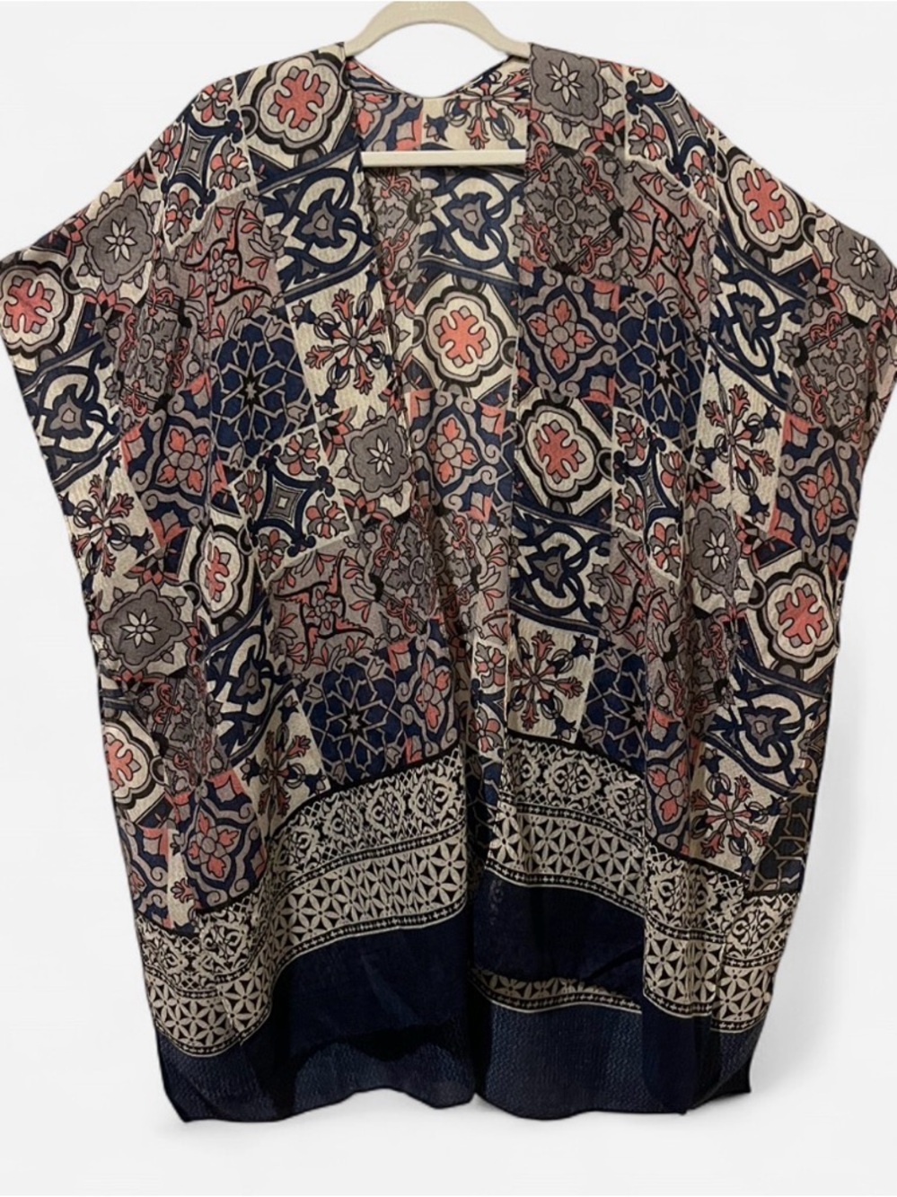 Patterned Open Kimono Cardigan - Navy, Coral & Cream